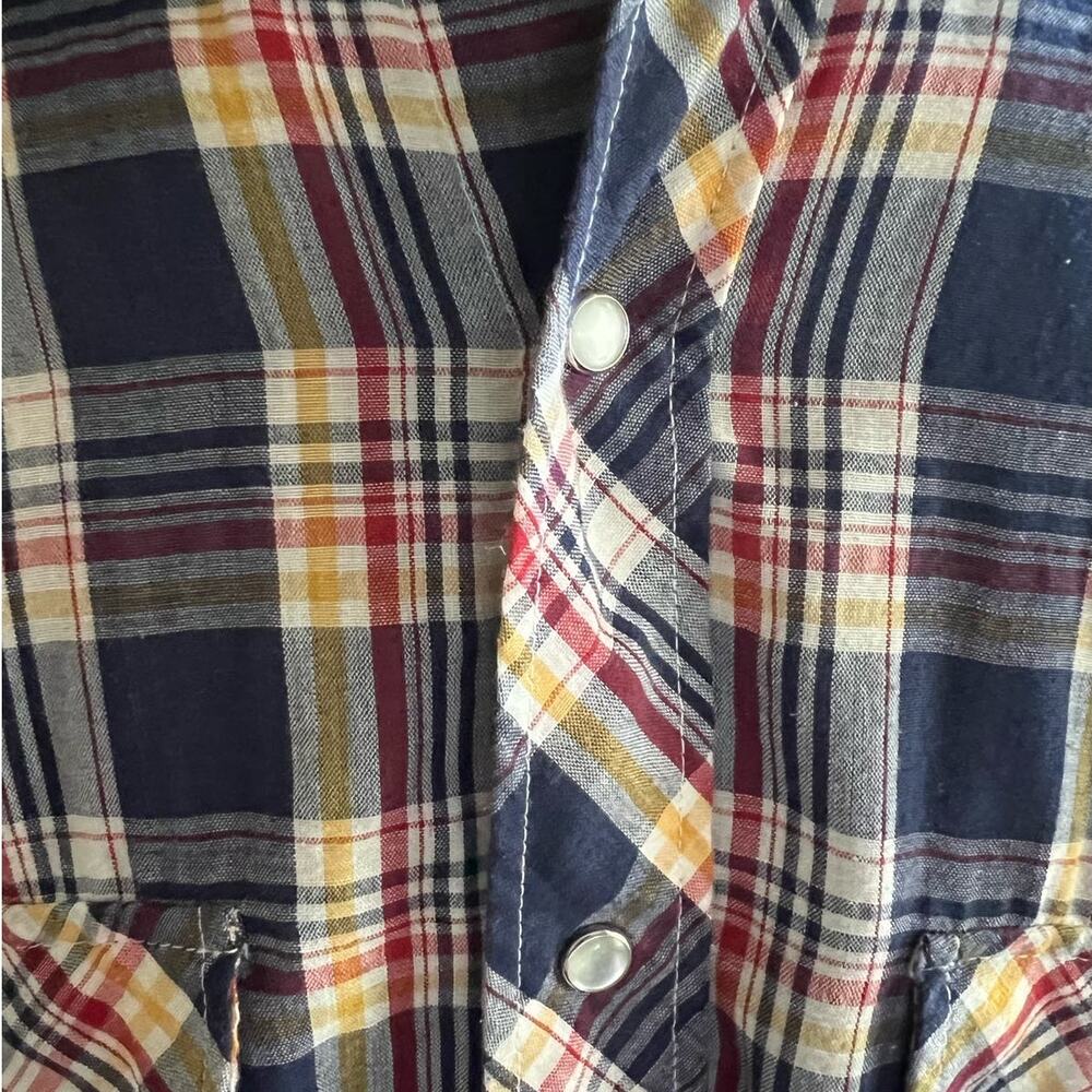 Vintage 70s Men's Plaid Pearl Snap Shirt Size 38 Blue Yellow Americana 38 Unisex - Picture 15 of 17